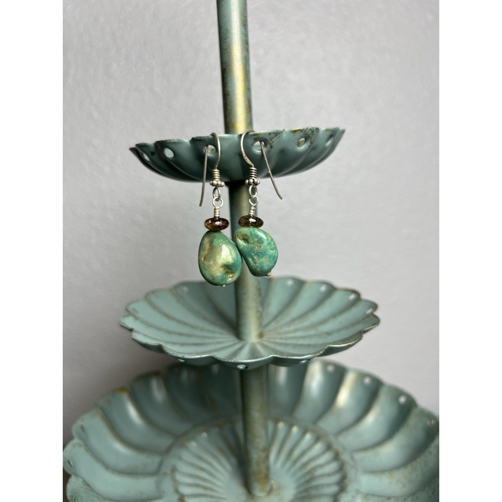Sterling Silver Turquoise Oval Nugget Stone Chunk Dangle Earrings